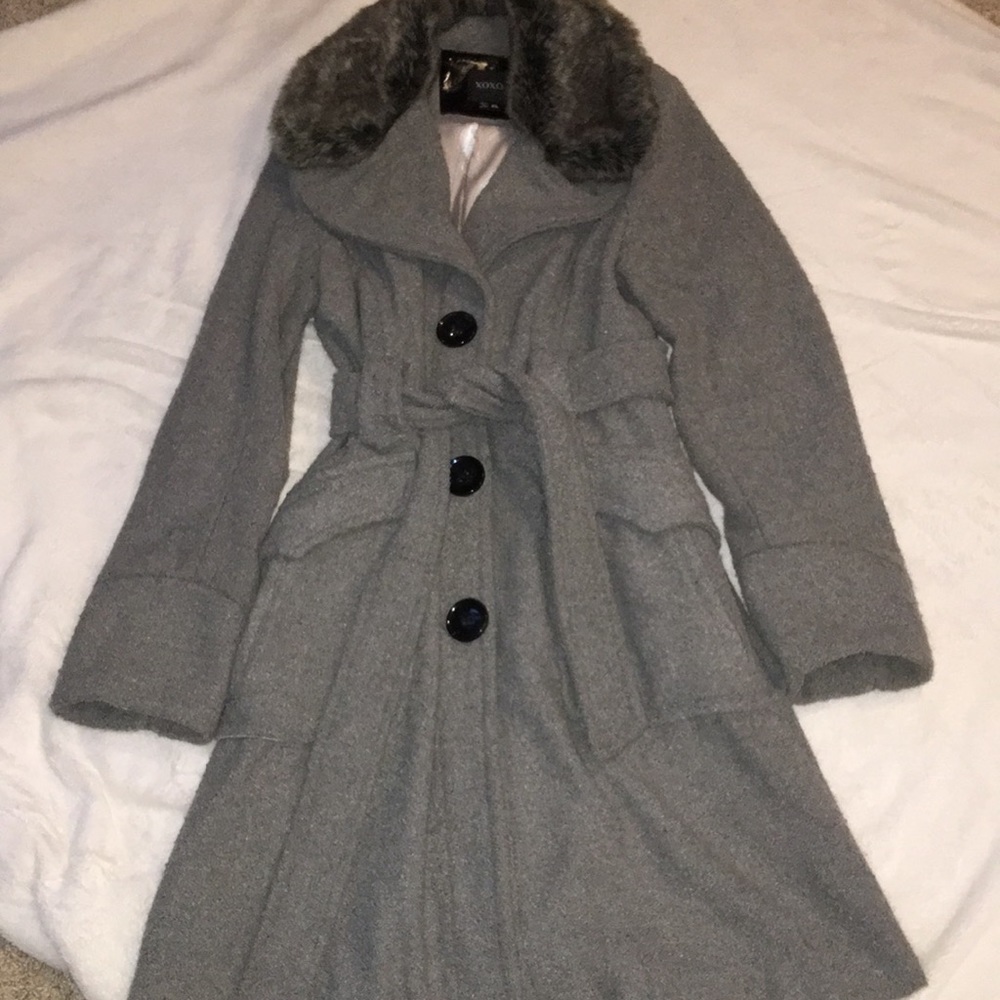 Grey knee length dress coat with fur trim collar
